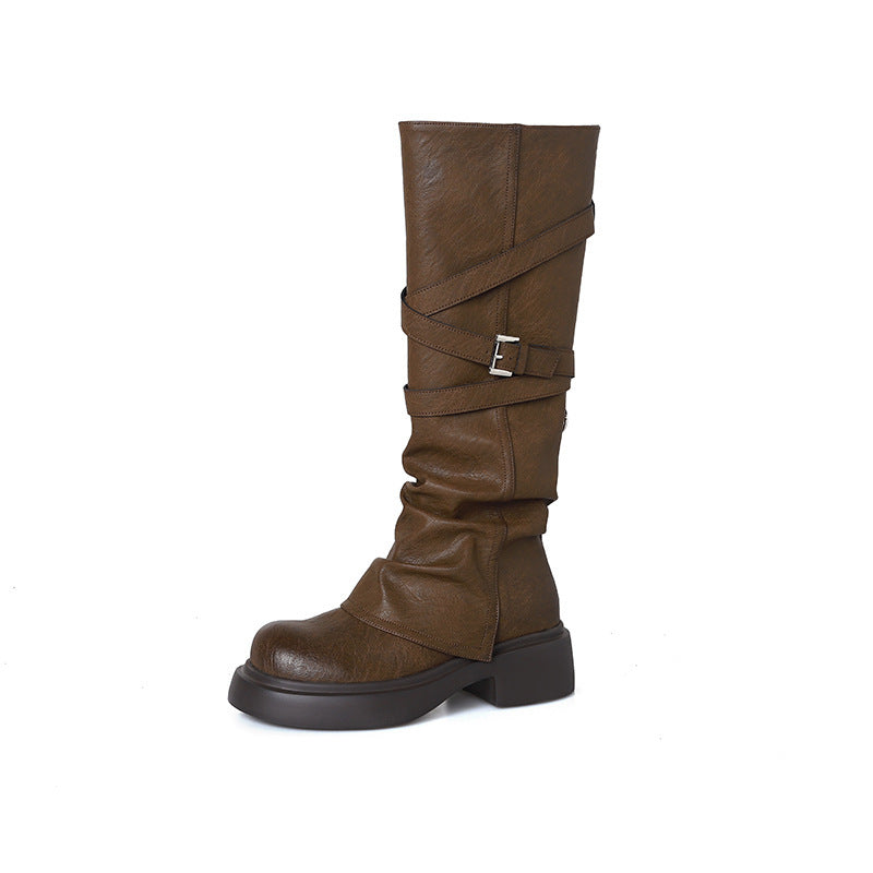 Damen Stiefel Overknee Modisch Riemen Design Schwarz