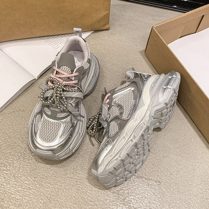 Damen Sneaker Sportlich Perlen Schnürsenkel Modisch