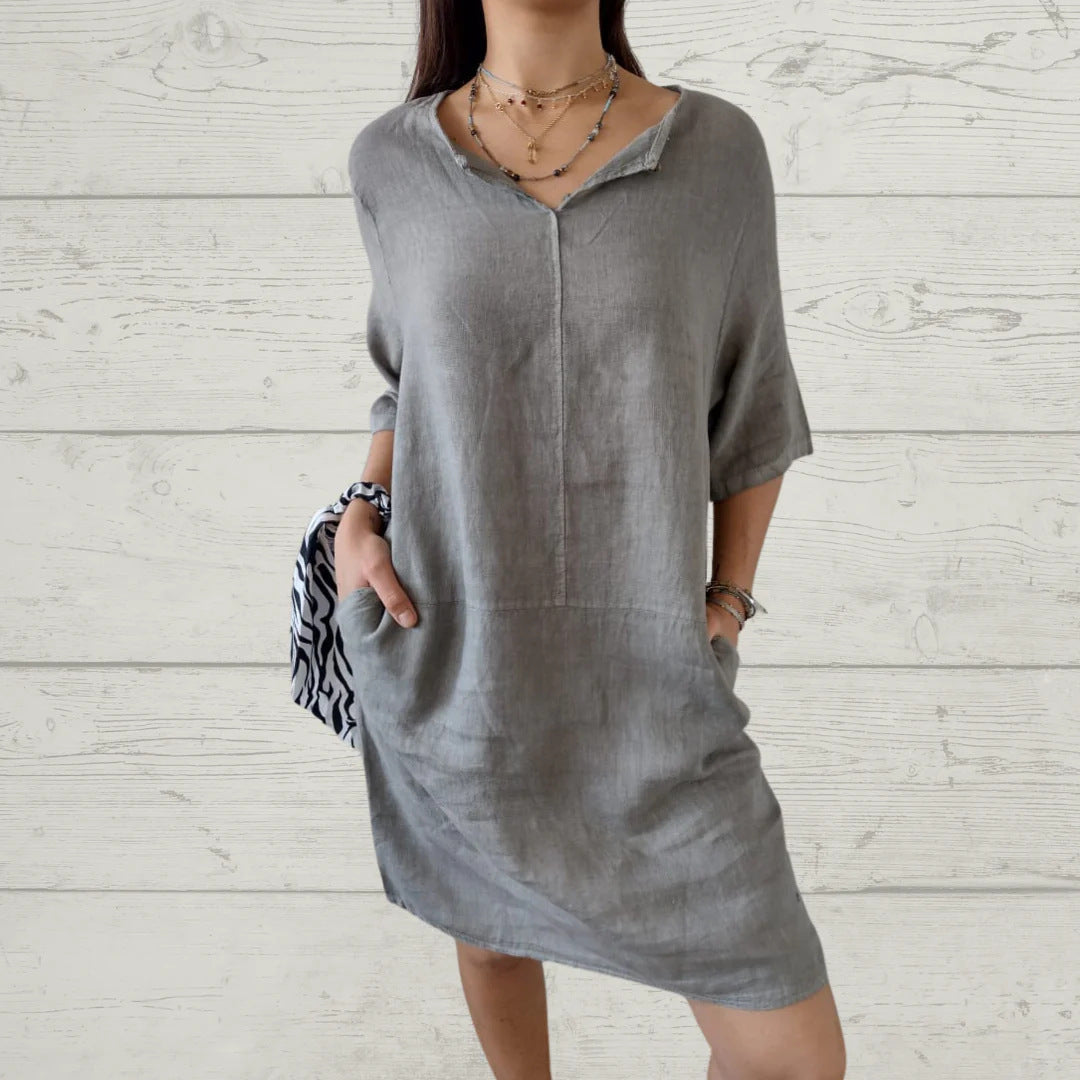 Damen Leinenkleid Sommerleicht mit Knöpfen und Taschen