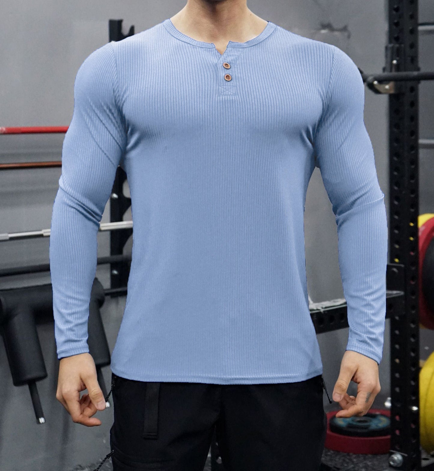 Herren Langarmshirt Strukturiert Knöpfe Modern