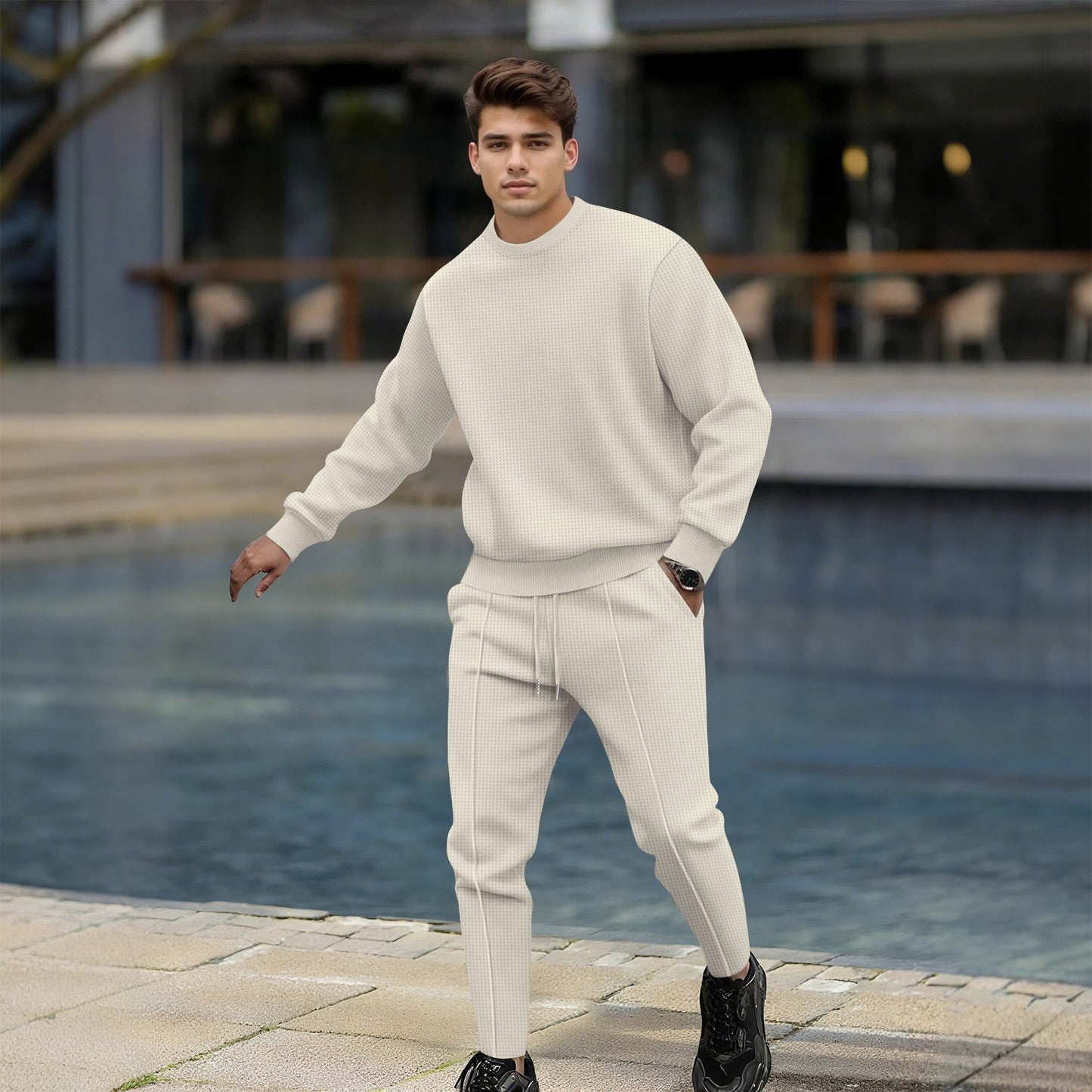 Herren Strickpullover Set Bequem Jogginghose Grau