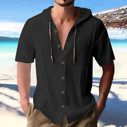 Herren Kapuzen-Hemd Kurzarm Relaxed Fit Holzknöpfe