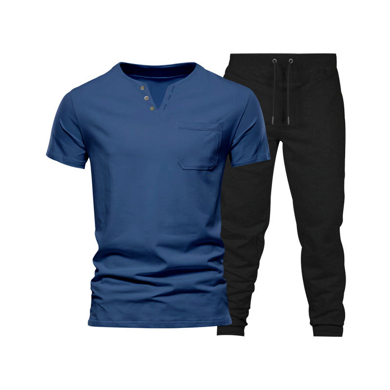 Herren Henley Set Kurzarm mit Brusttasche und Jogginghose Bequem