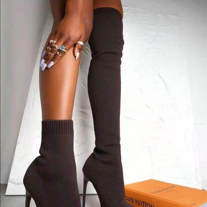 Damen Stiefel Overknee Spitz Absatz Strickdesign Elegante - BerlinGlamour