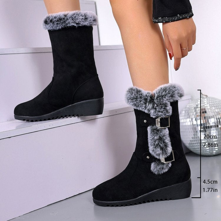 Damen Stiefel Wedge mit Kunstfellkragen und verstellbaren Schnallen - BerlinGlamour