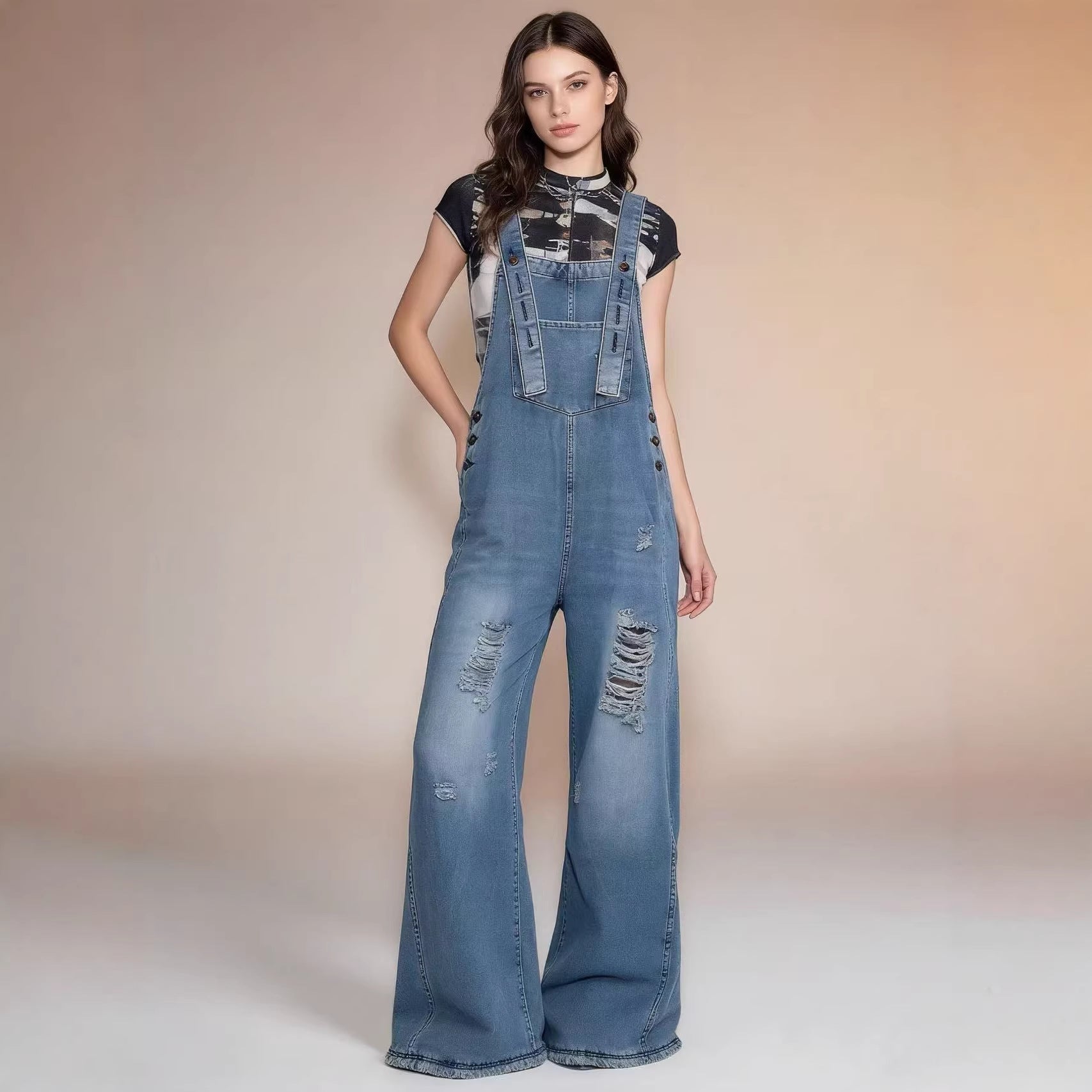 Damen Latzhose Jeans Weitbein Riss Effekt - BerlinGlamour