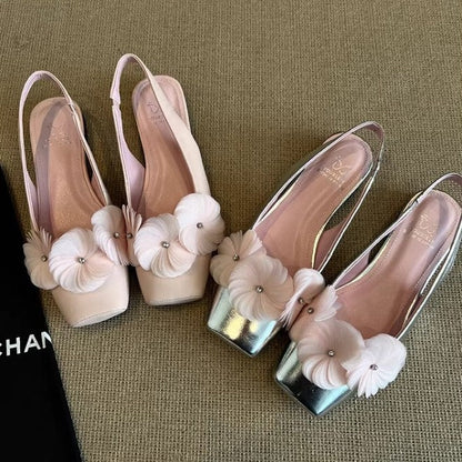 Damen Ballerinas Slingback mit Blumen Applikationen und KomfortAbsatz - BerlinGlamour
