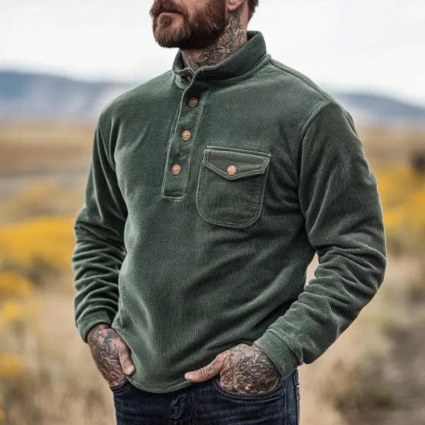 Herren Kordpullover Warmhalter mit Knöpfen und Brusttasche