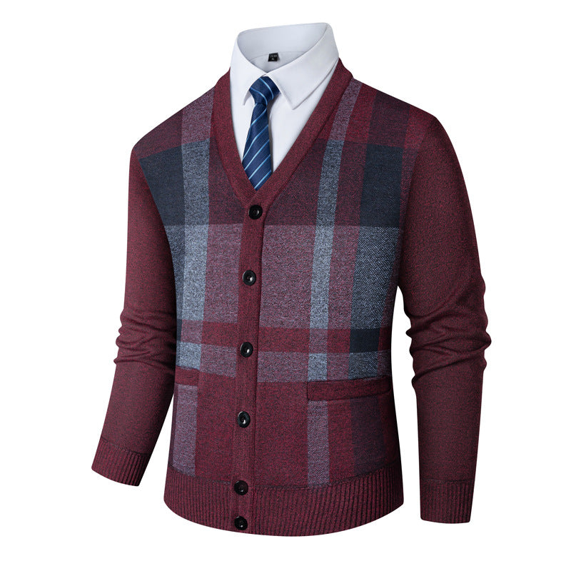 Herren Strickjacke V-Ausschnitt Klassisch Karomuster Modern