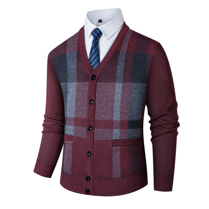 Herren Strickjacke V-Ausschnitt Klassisch Karomuster Modern