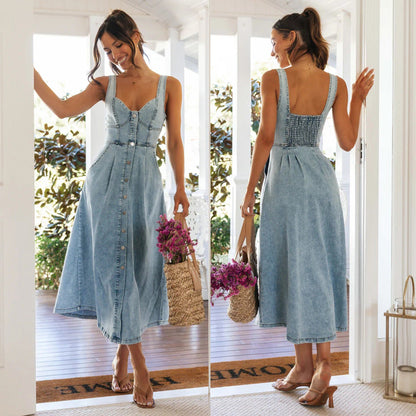 Vintage Denim Kleid Lang mit Trägern Trendy - BerlinGlamour