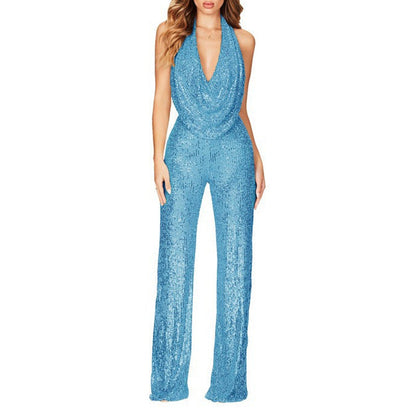 Damen Jumpsuit Glamourös mit Pailletten und V-Ausschnitt
