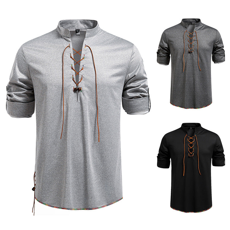 Herren Langarmshirt Stehkragen Modern mit Kordelzug - BerlinGlamour