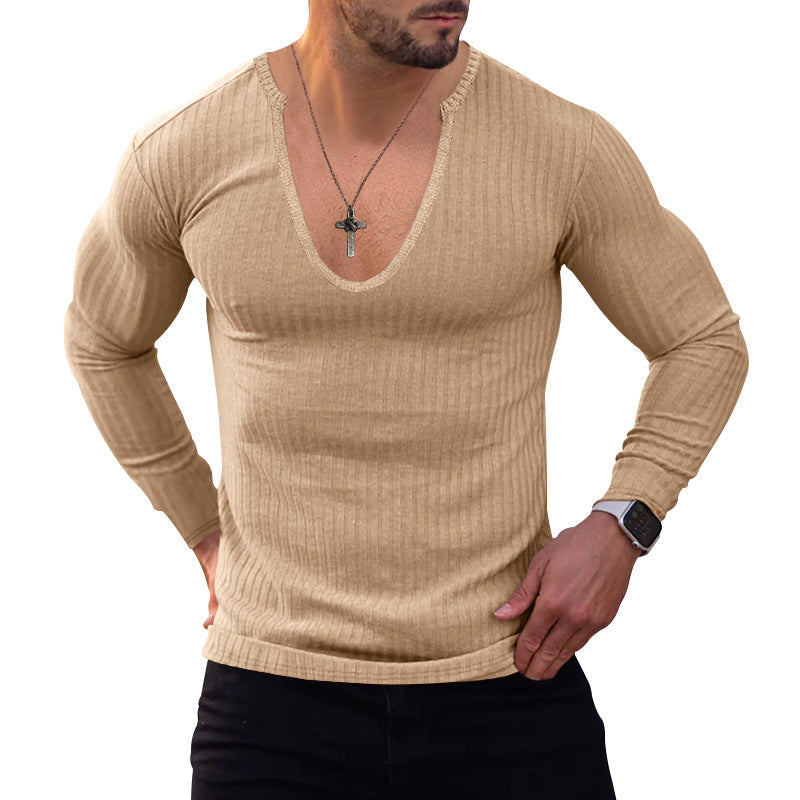 Herren Langarmshirt V-Ausschnitt Feine Rippstruktur Modern