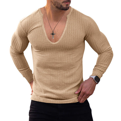 Herren Langarmshirt V-Ausschnitt Feine Rippstruktur Modern