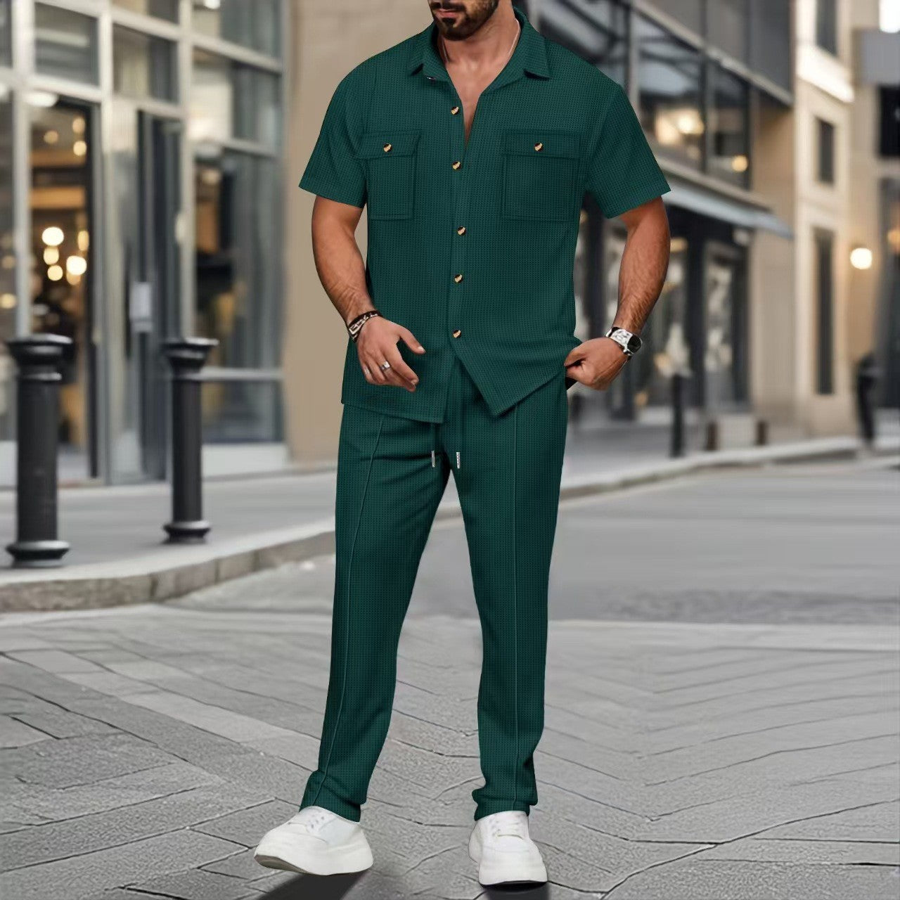 Herren Kurzarmhemd mit Taschen und modische Jeanshose
