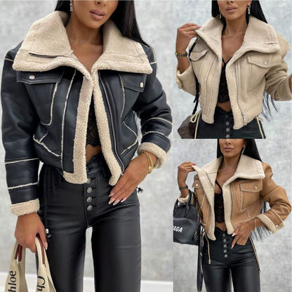 Leder Bikerjacke Damen Sherpa Futter Warm - BerlinGlamour