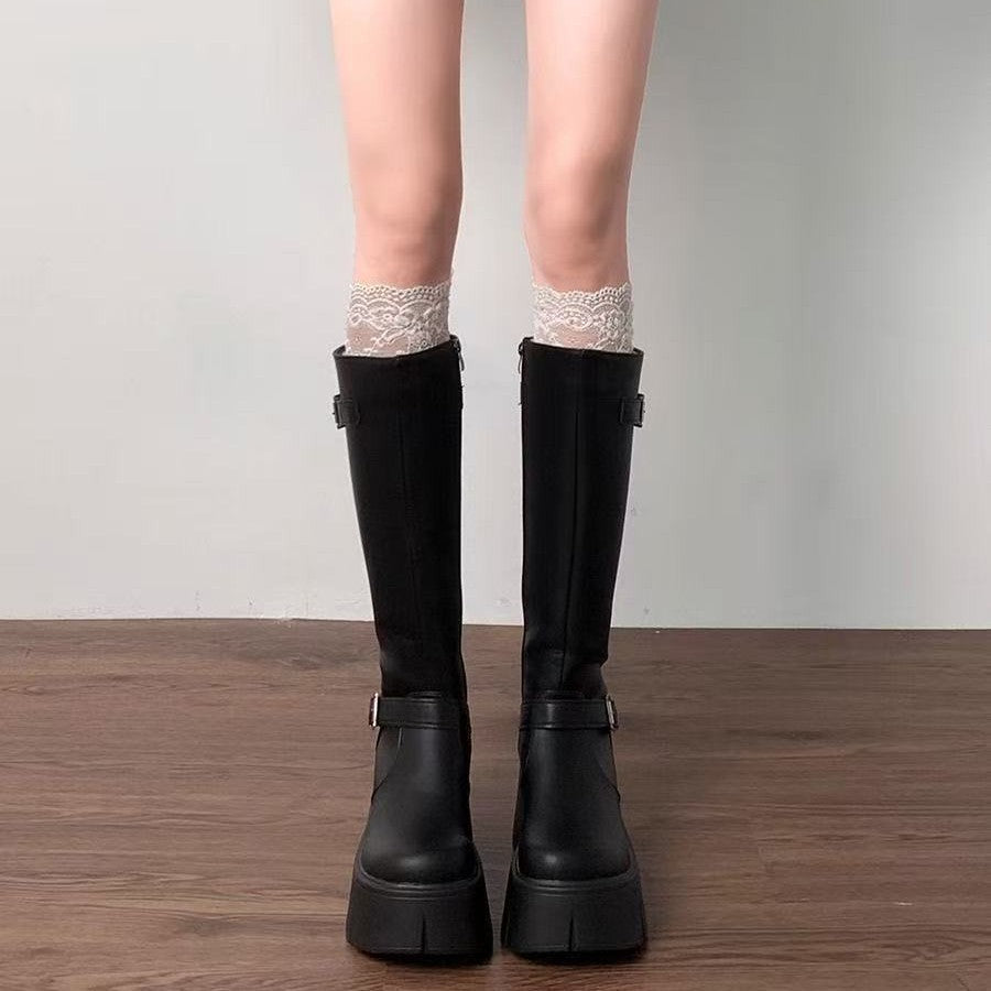 Damen Stiefel Mit Schnallen Schwarz Modisch