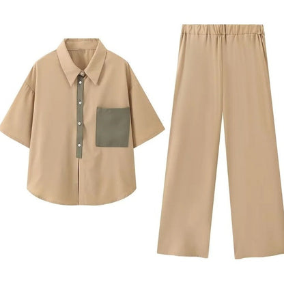 Damen Zweiteiler Lässig Chic mit Hemd und Weiten Hosen