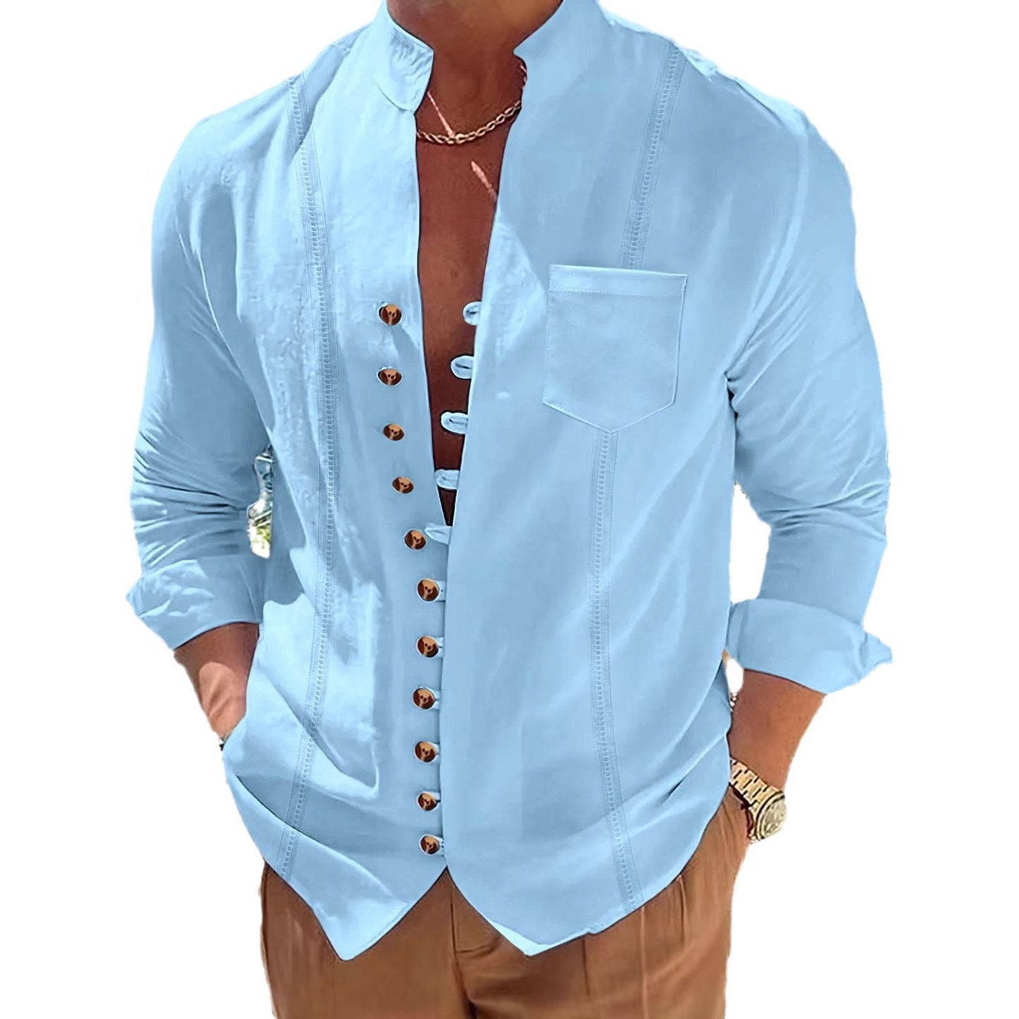 Herren Hemd Langarm Stehkragen Modern Knöpfe Elegent