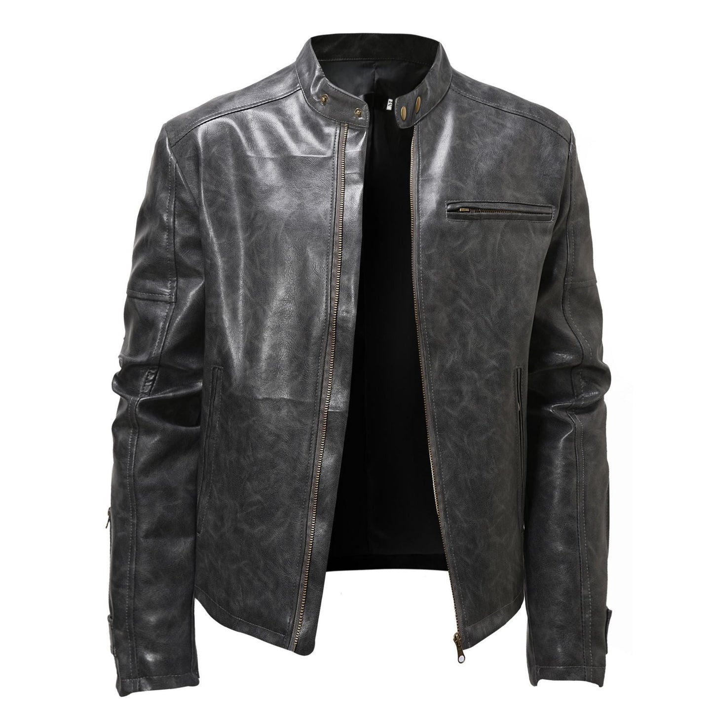 Lederjacke Herren Stehkragen Schwarz Ledermantel