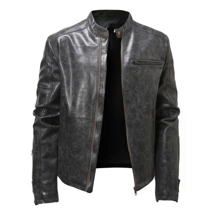 Lederjacke Herren Stehkragen Schwarz Ledermantel