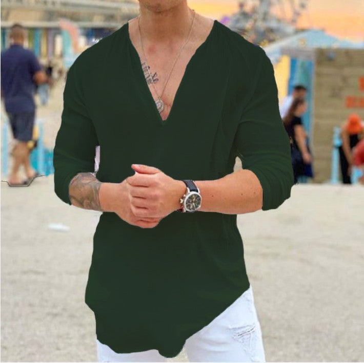 Herren Leinenhemd Langarm V-Ausschnitt Modern
