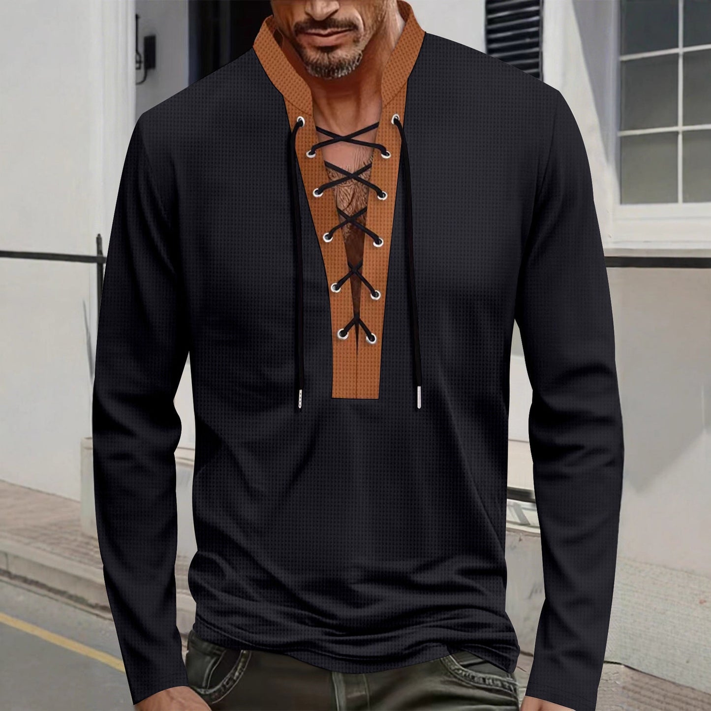 Herren Langarmshirt Lässig Schnürdetails Modern - BerlinGlamour