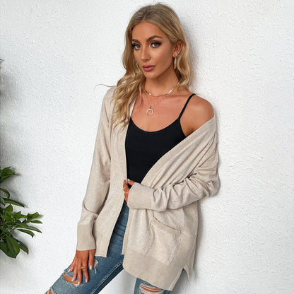 Damen Strickcardigan Lässig Mit V-Ausschnitt und Taschen