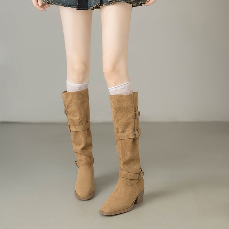 Damen Stiefel Elegantes Design Schnallen Detail Schwarz