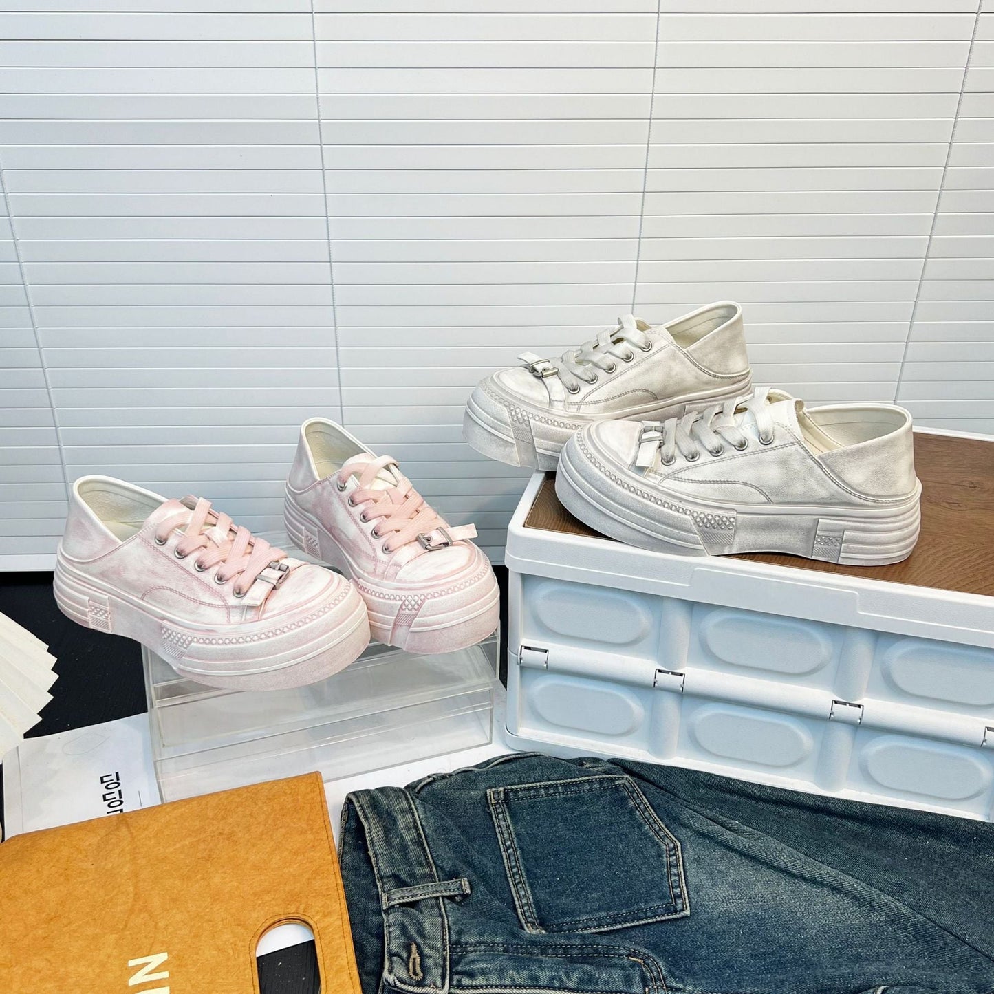 Damen Sneaker Plateau Stiletto Schuhe mit Schnürung