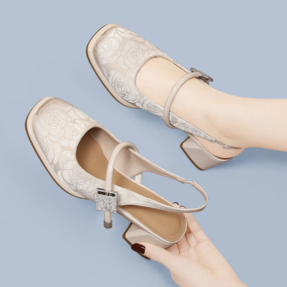 Damen Slingback Pumps Komfort Blockabsatz Schmuckdetail