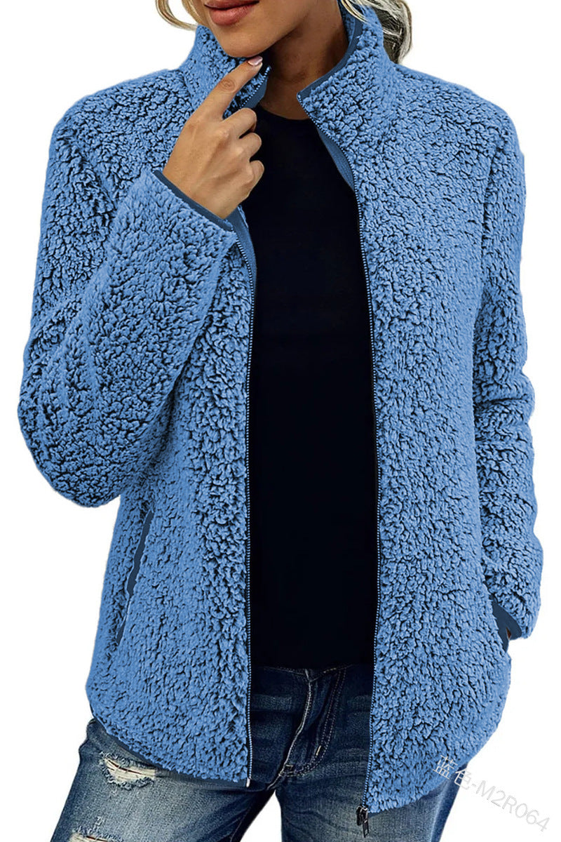 Damen Fleecejacke Flauschig Warm mit Kragen und Taschen