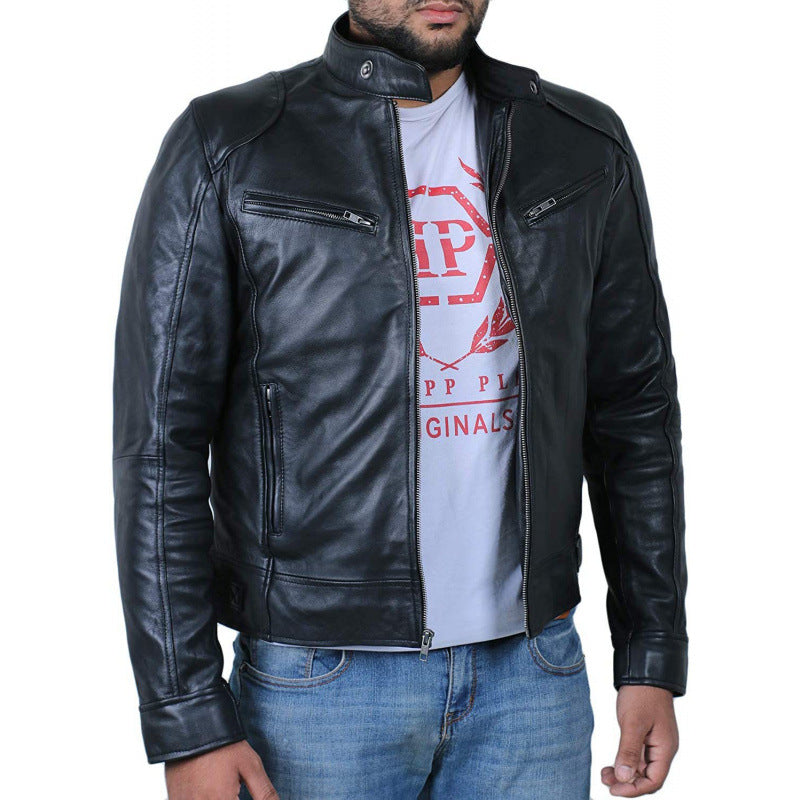 Herren Lederjacke Biker Stil Echtes Leder Schwarz