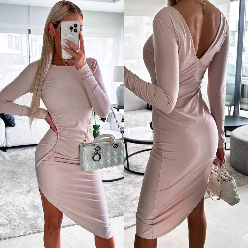 Damen Langarmkleid Figurbetont Asymmetrisch Elegant - BerlinGlamour