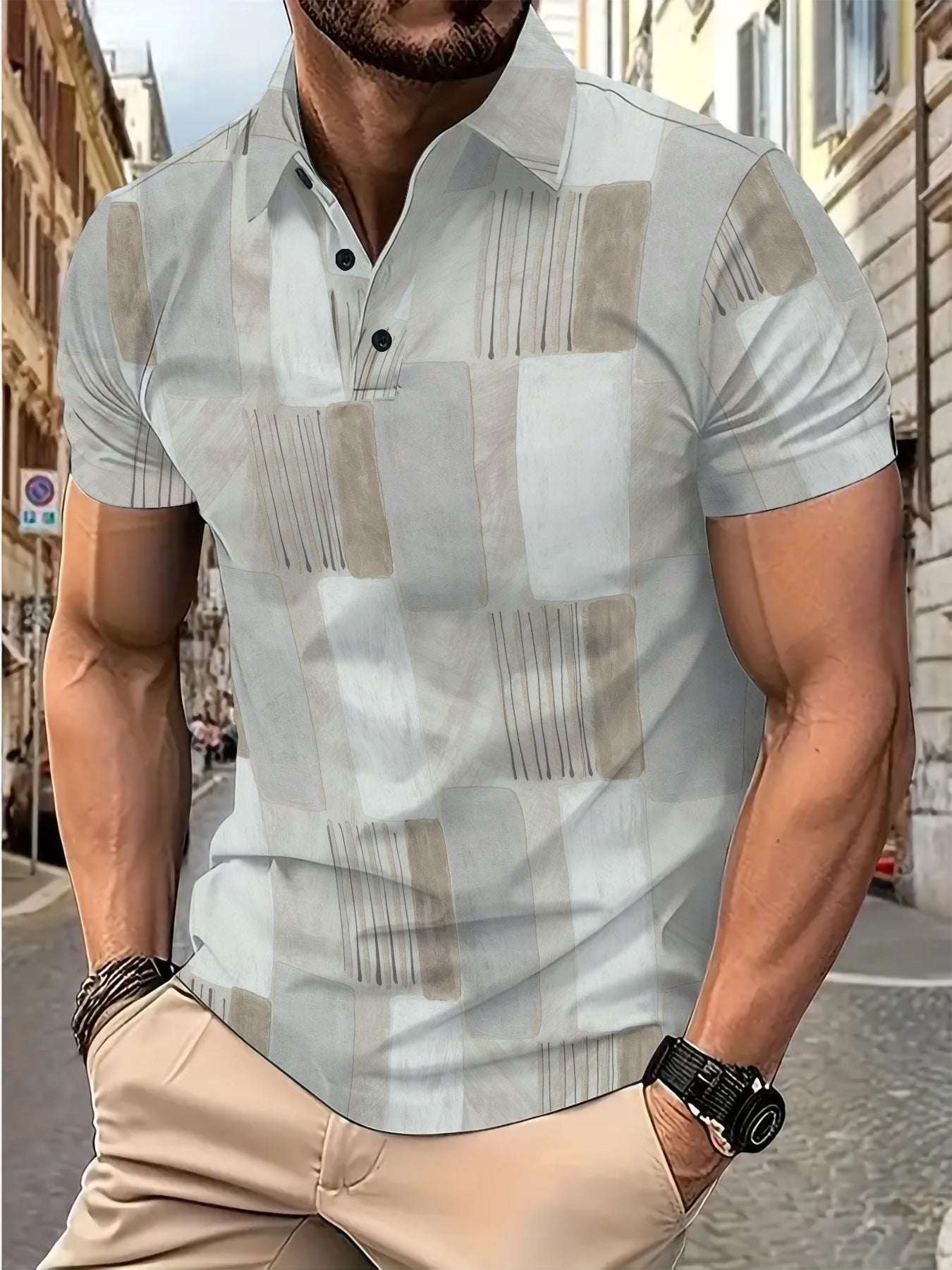 Herren Kurzarmhemd Geometrisch Modern Knopfdetails