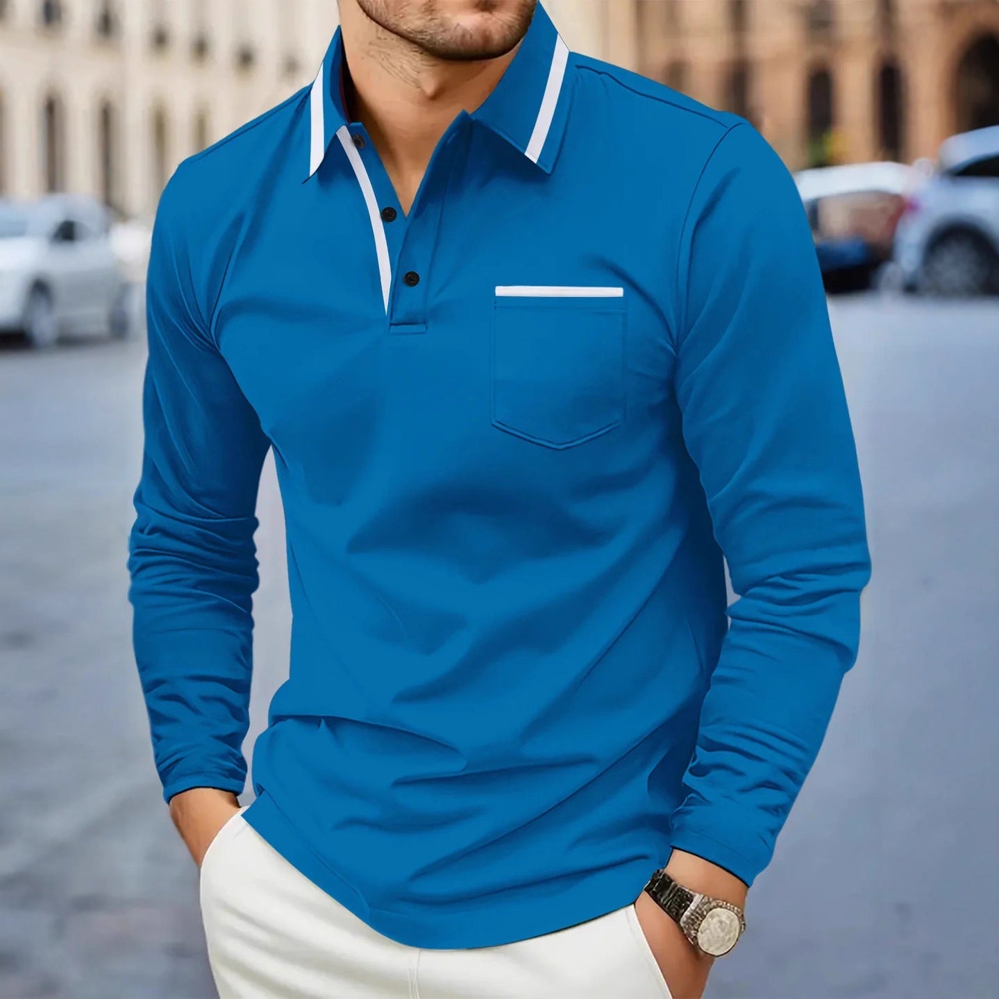 Herren Polohemd Langarm Modern Kontrastkragen Slimfit - BerlinGlamour