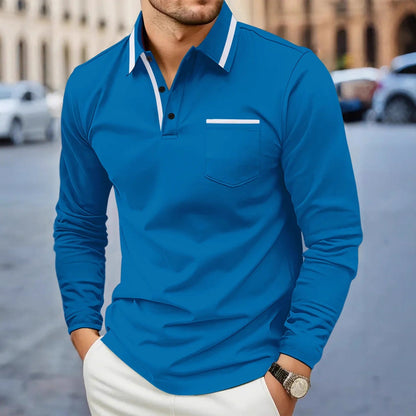 Herren Polohemd Langarm Modern Kontrastkragen Slimfit - BerlinGlamour
