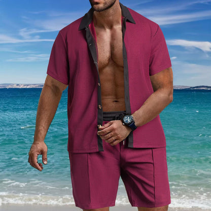 Herren Set Kurzarm Hemd und Shorts Strukturiert Sommer