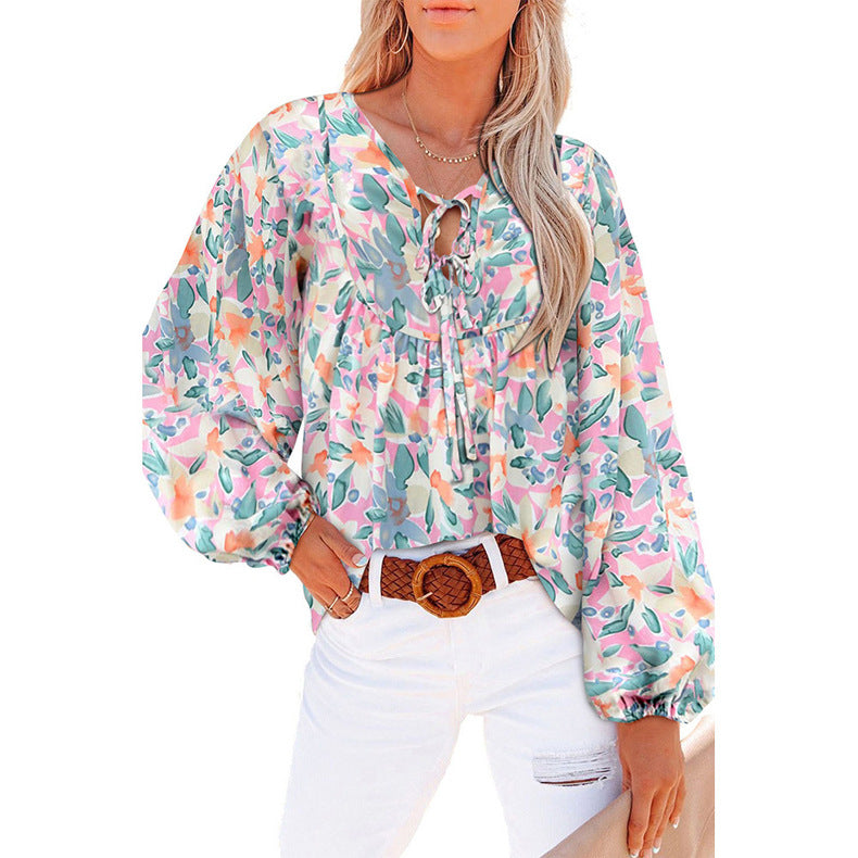 Damen Bluse mit Blumenmuster Lockere Ärmel Frauen Oberteil