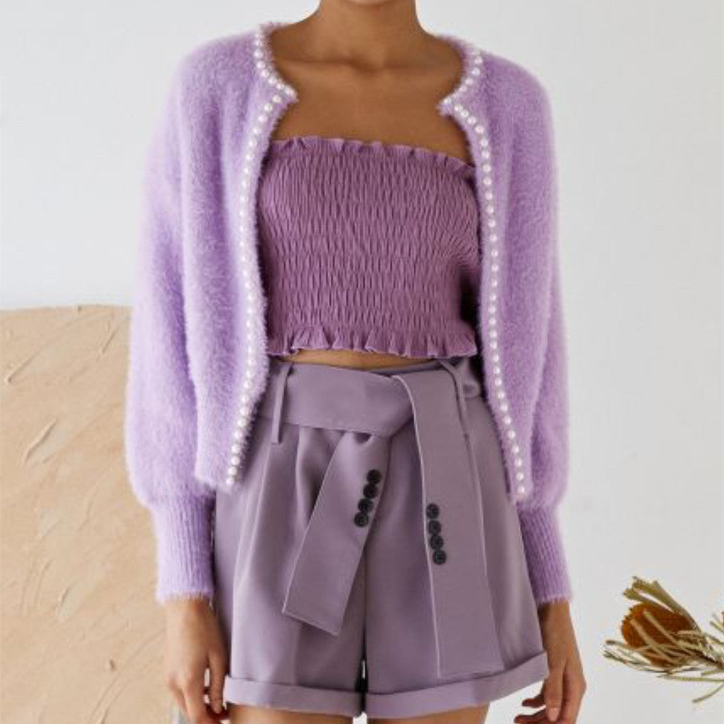 Damen Strickjacke Flauschig mit Perlen Verzierung