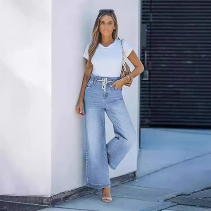 Damen High-Waist Jeans Weite Bein Elastisch Komfortabel