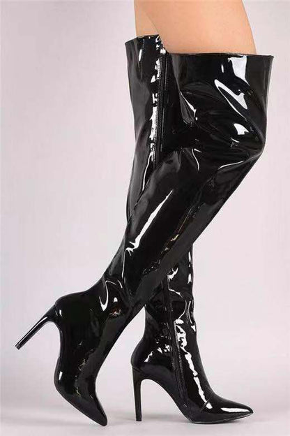 Damen Overknee Stiefel Glänzend Stiletto Hochhackig Elegant