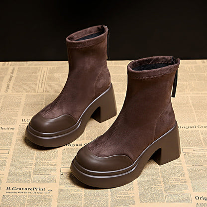 Damen Stiefeletten Plateau Hohe Veloursleder Look