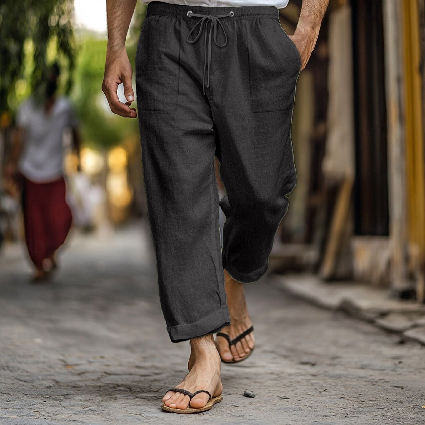 Herren Leinenhose Lässig Bequem mit Taschen