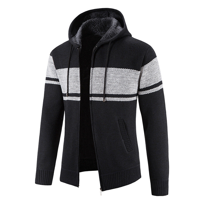 Herren Strickjacke Warm Fleece Kapuze Grau