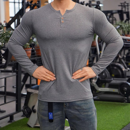 Herren Langarm Henley-Shirt Strukturiert Rippdesign Modern