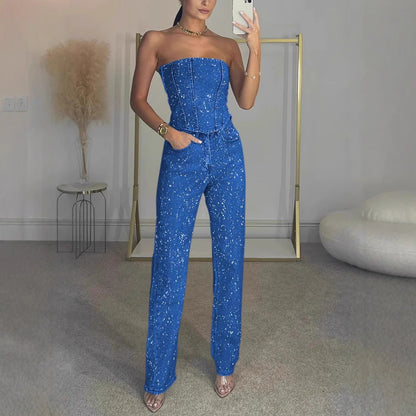 Eleganter Damen Jumpsuit Strapslos Denim