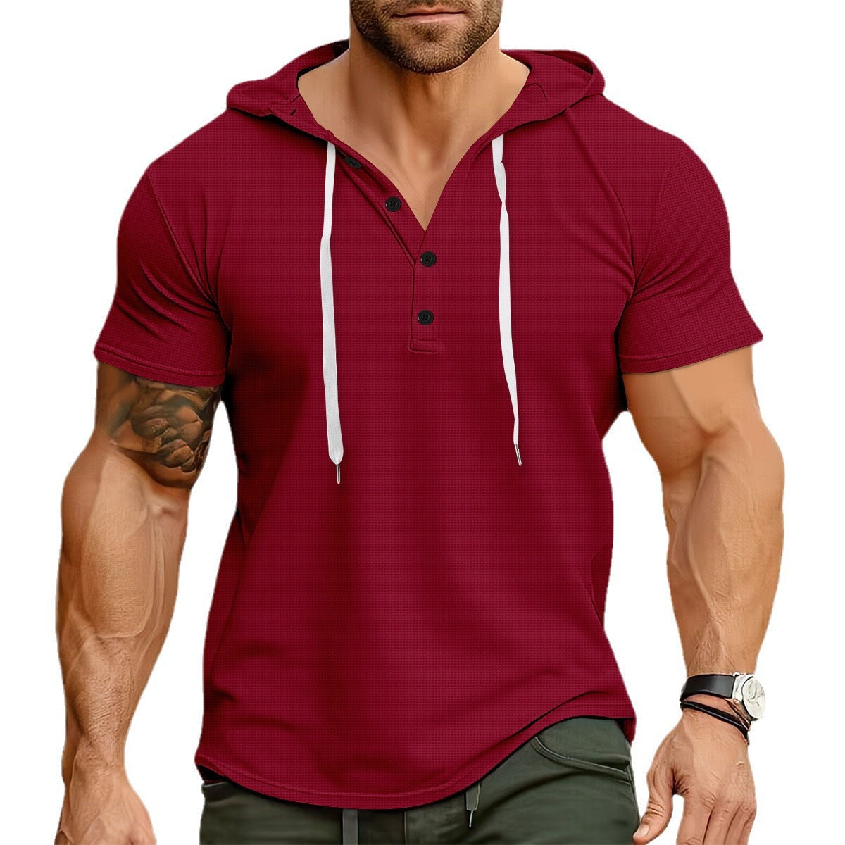 Herren Kapuzenshirt Kurzarm Modern mit Knöpfen