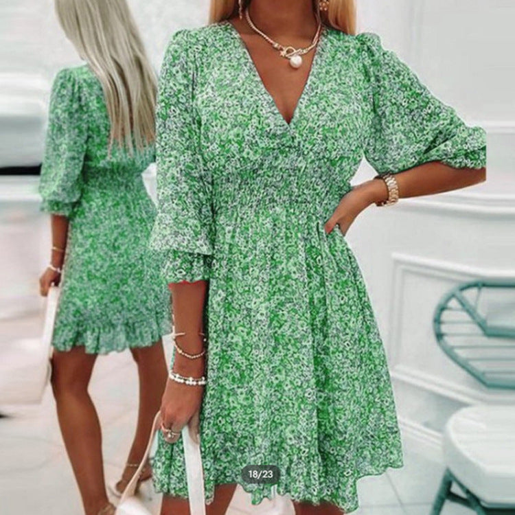 Damen Blumenkleid V-Ausschnitt Puffärmel Sommerkleid - BerlinGlamour
